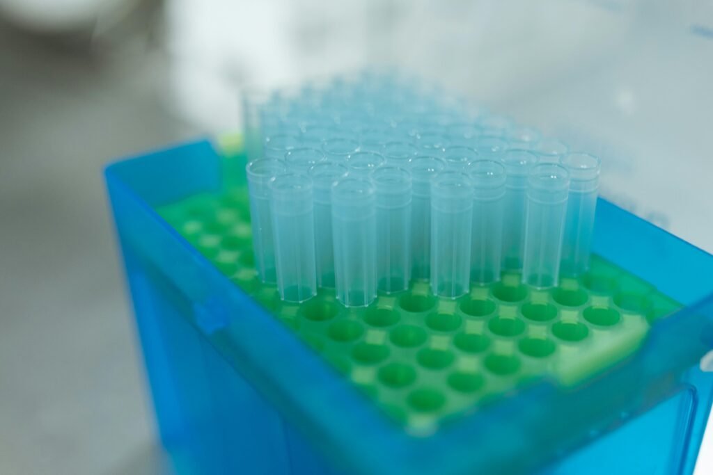 Close-up of empty laboratory test tubes in a rack, suitable for medical and scientific purposes.
